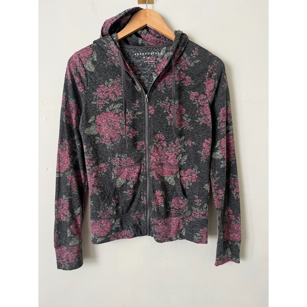 Aeropostale Womens Floral Full Zip Hoodie Charcoal Pink Dark Academia M